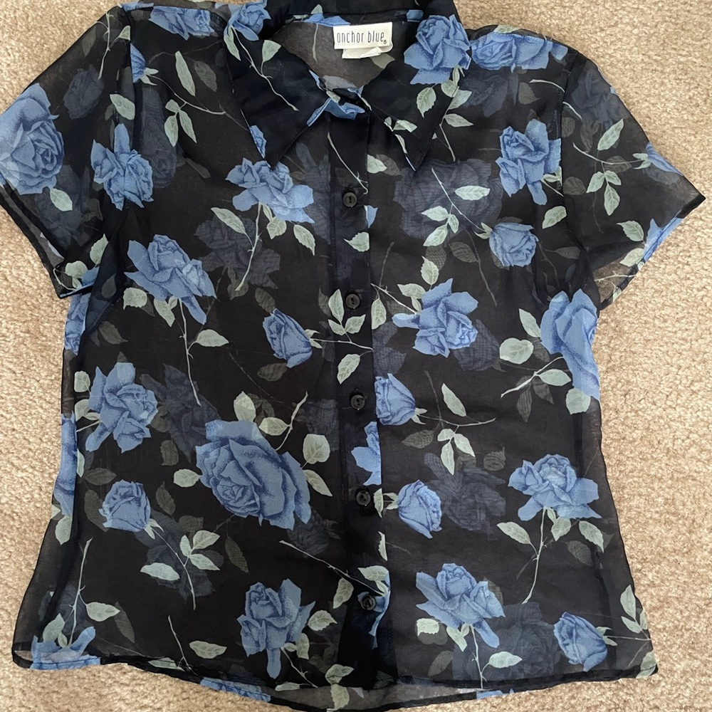 Vintage anchor blue sheer floral blouse